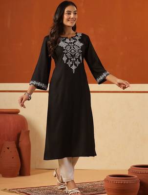 Black women ethnic motifs embroidered thread work kurta 2