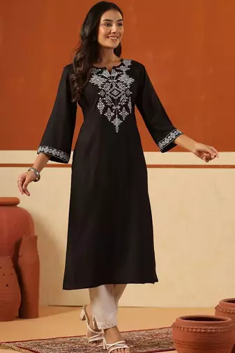 Black women ethnic motifs embroidered thread work kurta