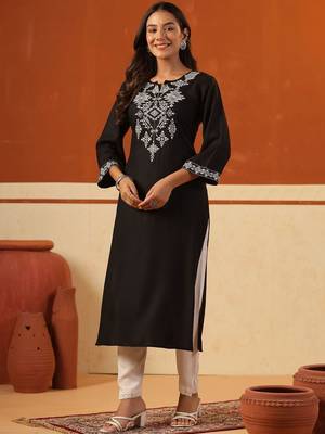 Black women ethnic motifs embroidered thread work kurta 3