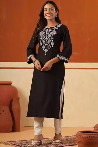 Black women ethnic motifs embroidered thread work kurta