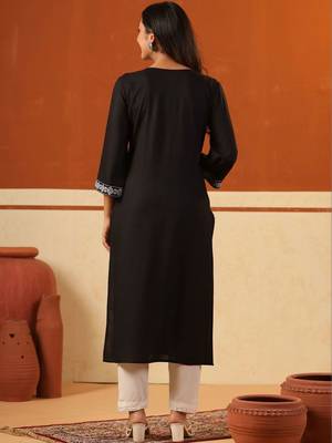 Black women ethnic motifs embroidered thread work kurta 4