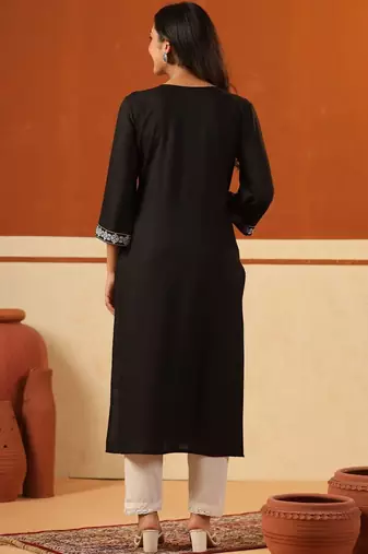 Black women ethnic motifs embroidered thread work kurta