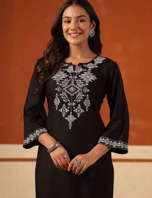 Black women ethnic motifs embroidered thread work kurta 5