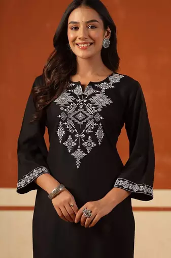 Black women ethnic motifs embroidered thread work kurta