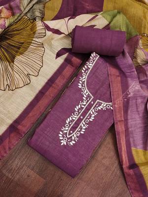 Purple color beautiful and ethnic partywear cotton linen simmer fabric suit 4