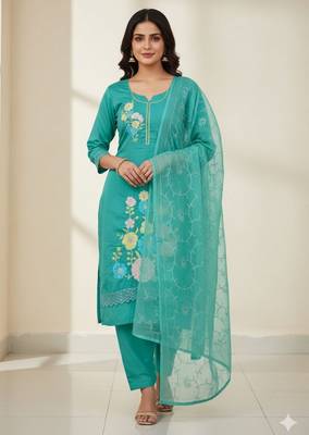 Sea green color smart and budgeted roman silk suit 1