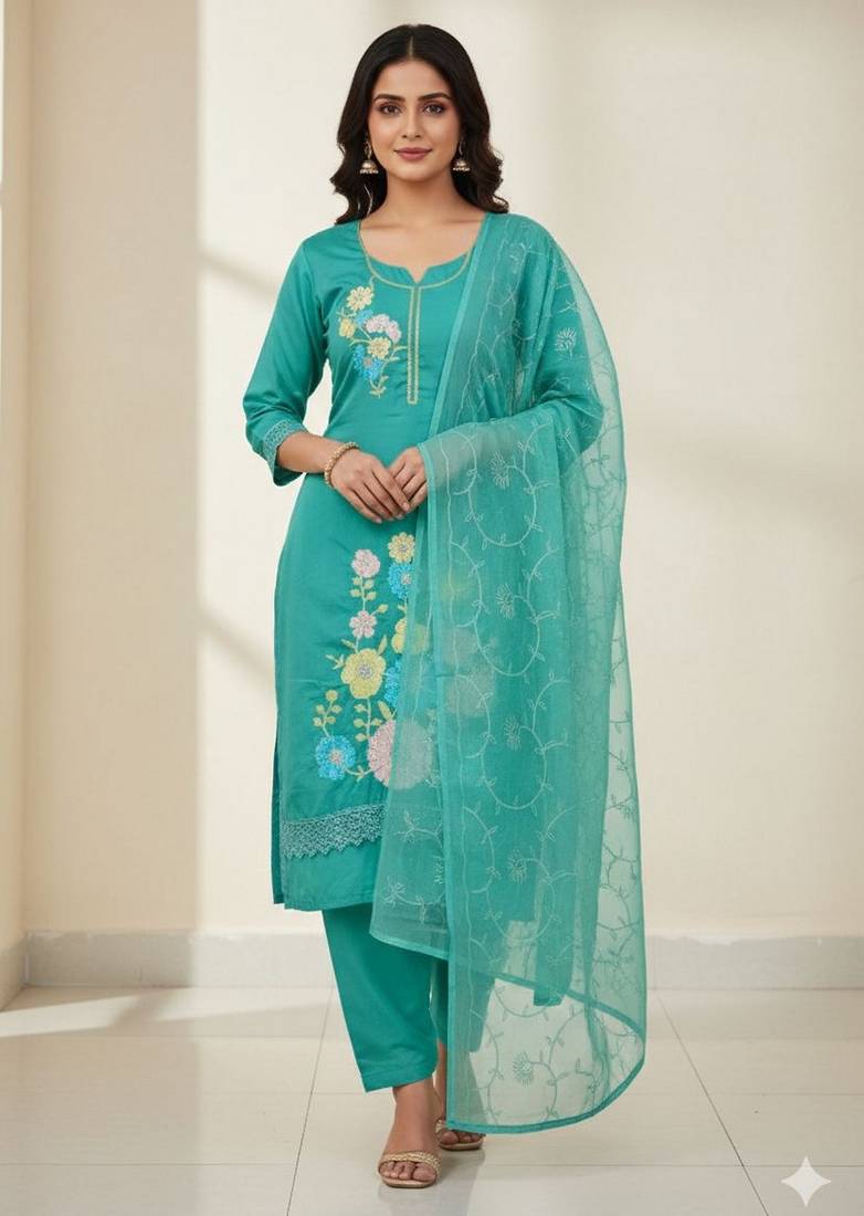 Sea green color smart and budgeted roman silk suit