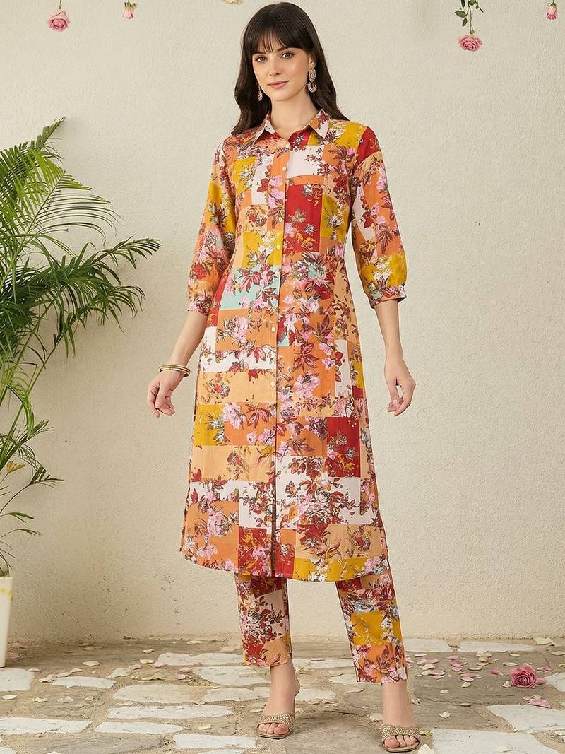 Multicolor women floral printed regular pure cotton multicolor kurta with trousers