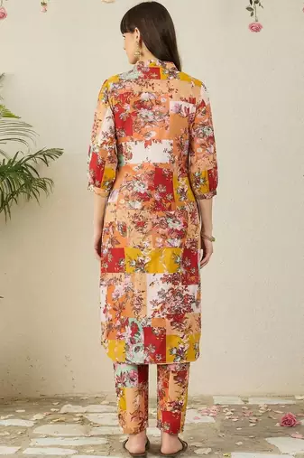 Multicolor women floral printed regular pure cotton multicolor kurta with trousers