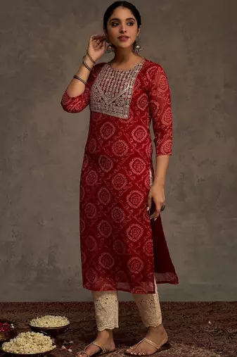 Red women leheriya printed mirror work georgette kurta