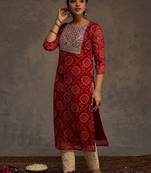 Red women leheriya printed mirror work georgette kurta