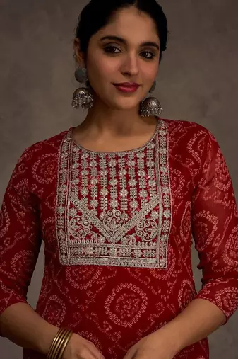 Red women leheriya printed mirror work georgette kurta