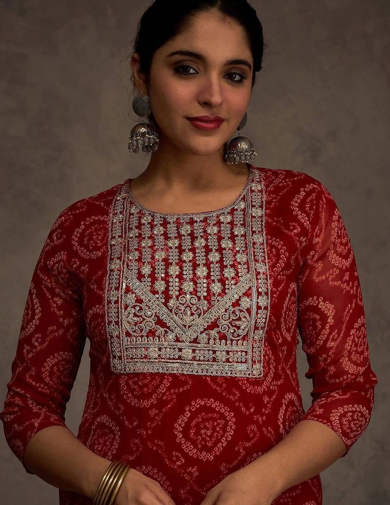 Red women leheriya printed mirror work georgette kurta