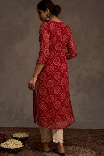 Red women leheriya printed mirror work georgette kurta