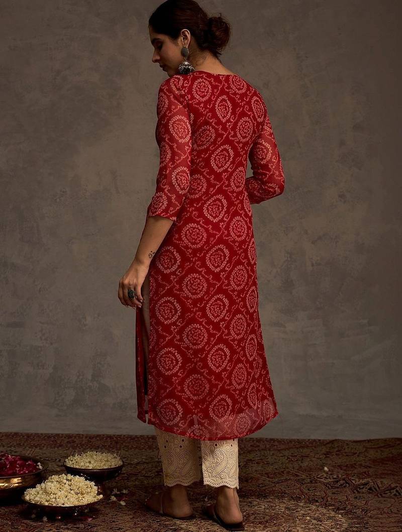 Red women leheriya printed mirror work georgette kurta