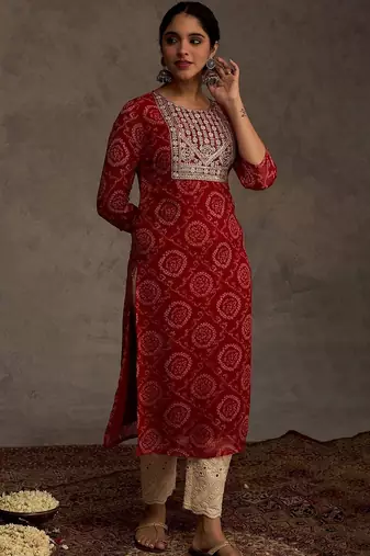 Red women leheriya printed mirror work georgette kurta