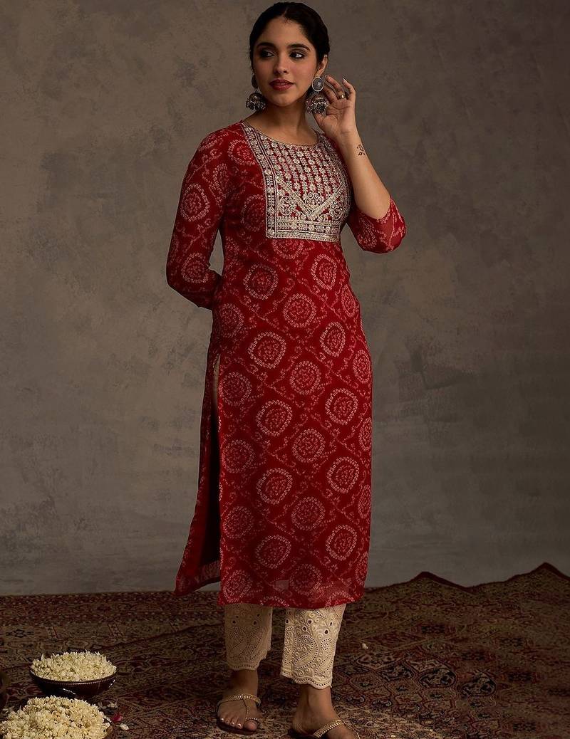 Red women leheriya printed mirror work georgette kurta