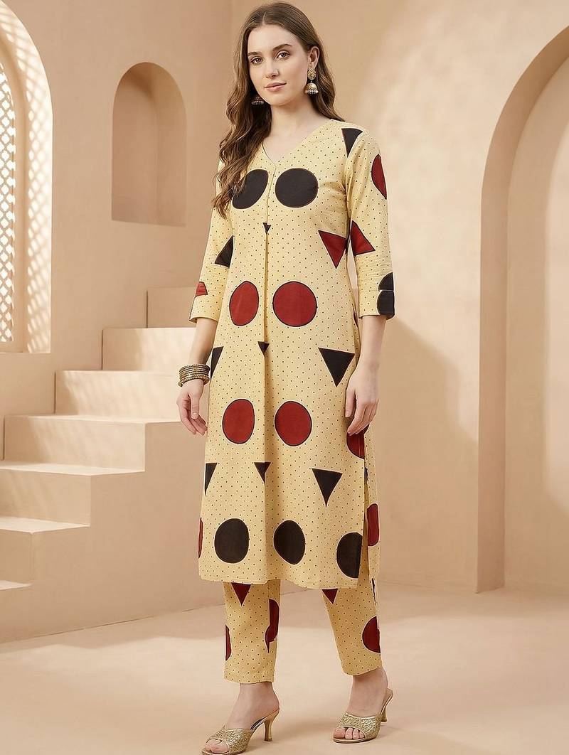 Off white women printed pleated pure cotton kurta with trousers