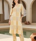Beige women printed pleated pure cotton kurta with trousers