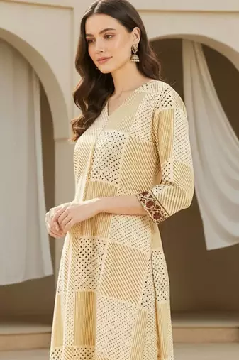 Beige women printed pleated pure cotton kurta with trousers