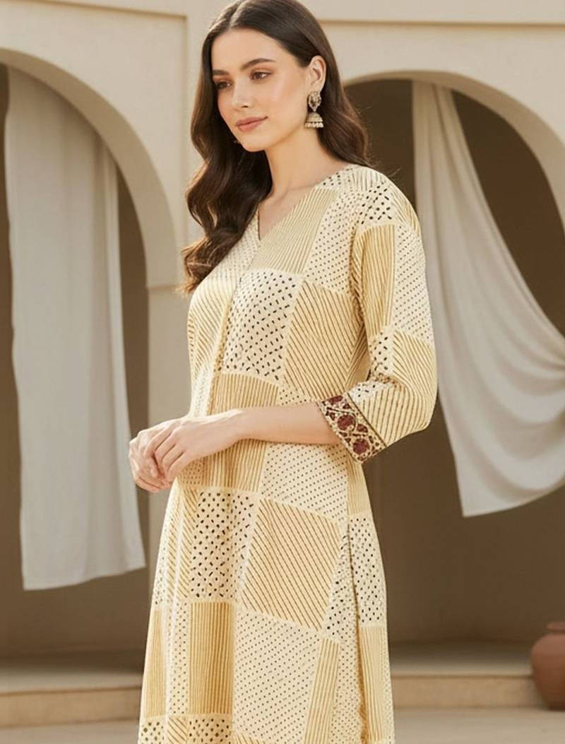 Beige women printed pleated pure cotton kurta with trousers