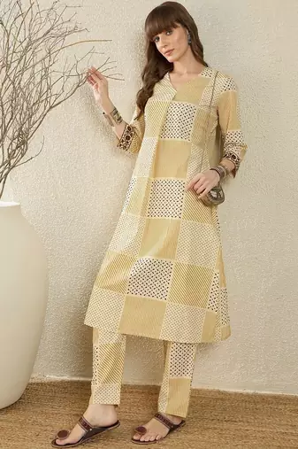 Beige women printed pleated pure cotton kurta with trousers