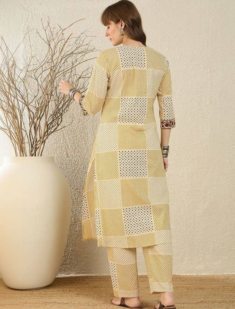 Beige women printed pleated pure cotton kurta with trousers