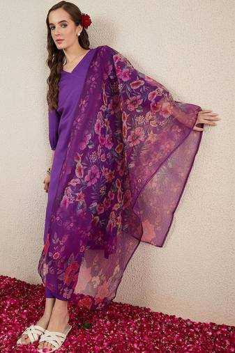 Purple women floral regular kurta with trousers & with dupatta