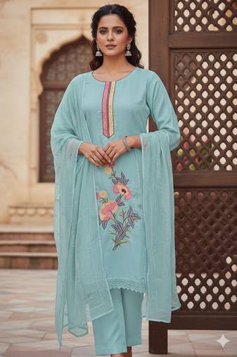Sky blue color smart and budgeted roman silk suit