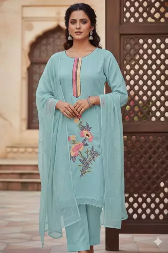 Sky blue color smart and budgeted roman silk suit