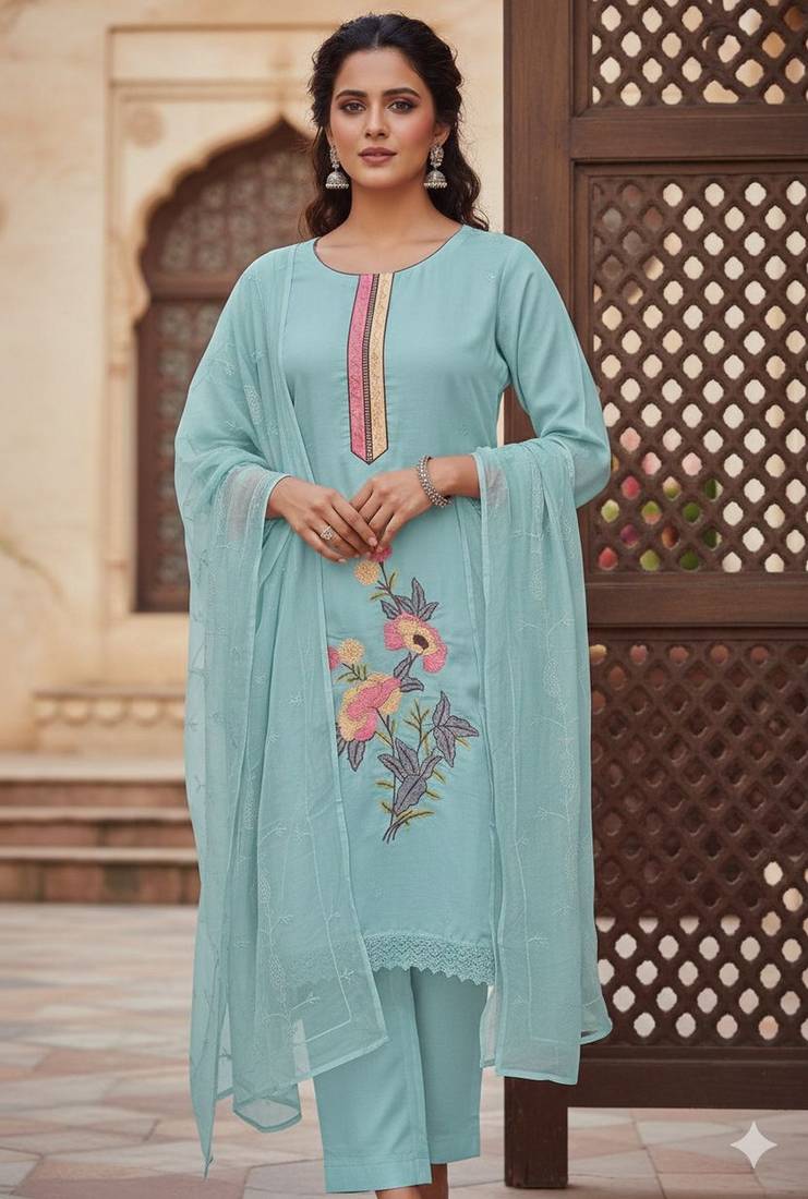 Sky blue color smart and budgeted roman silk suit