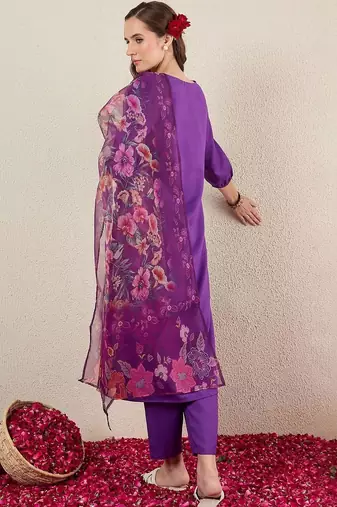 Purple women floral regular kurta with trousers & with dupatta