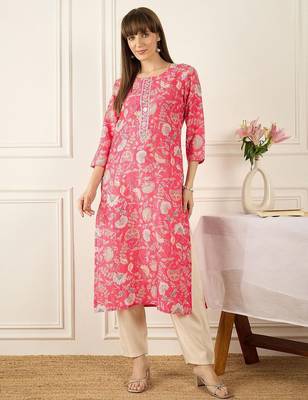 Pink floral printed thread work round neck cotton straight kurta 1