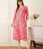 Pink floral printed thread work round neck cotton straight kurta