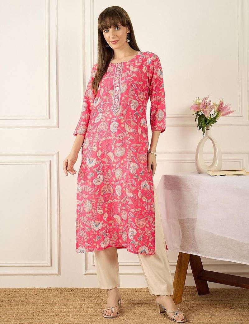 Pink floral printed thread work round neck cotton straight kurta