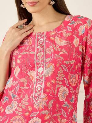 Pink floral printed thread work round neck cotton straight kurta 2
