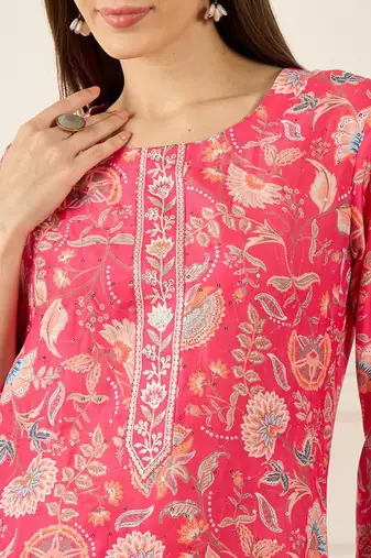Pink floral printed thread work round neck cotton straight kurta