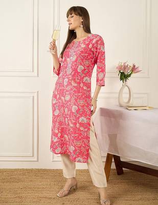 Pink floral printed thread work round neck cotton straight kurta 3