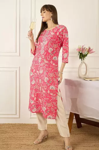 Pink floral printed thread work round neck cotton straight kurta