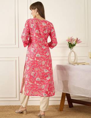 Pink floral printed thread work round neck cotton straight kurta 4