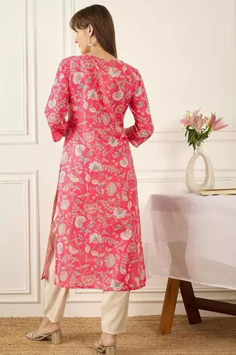 Pink floral printed thread work round neck cotton straight kurta