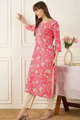Pink floral printed thread work round neck cotton straight kurta