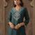 Teal ethnic motifs yoke design v-neck thread work straight kurta with trousers