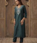 Teal ethnic motifs yoke design v-neck thread work straight kurta with trousers