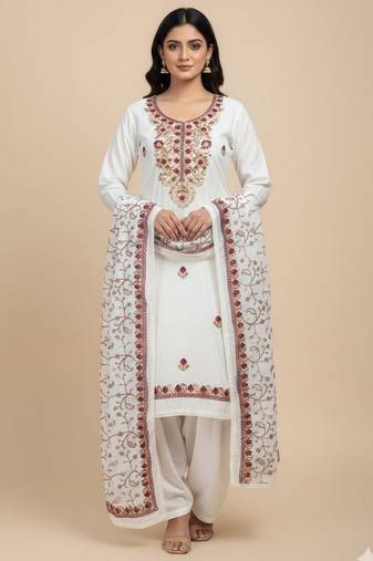 Off white color smart and ethnic roman silk fabric salwar kameez