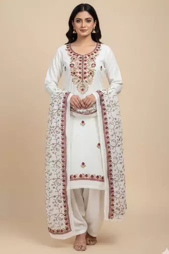 Off white color smart and ethnic roman silk fabric salwar kameez