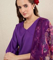 Purple v-neck straight kurta with trousers & dupatta