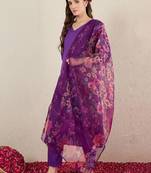 Purple v-neck straight kurta with trousers & dupatta