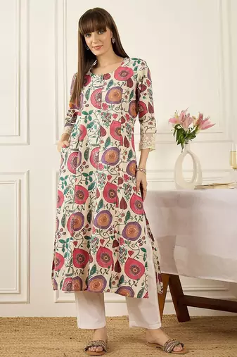 Beige quirky printed cotton thread work a-line kurta