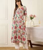 Beige quirky printed cotton thread work a-line kurta